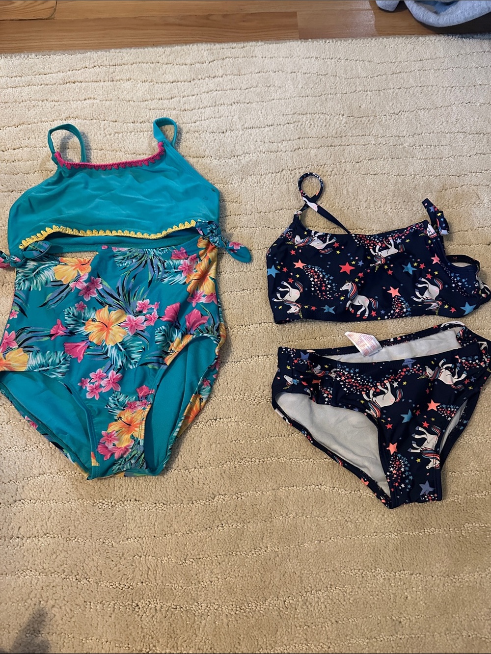 Cat & Jack Girls Teal Tropical One-Piece & Navy Unicorn Two-Piece Swim Set